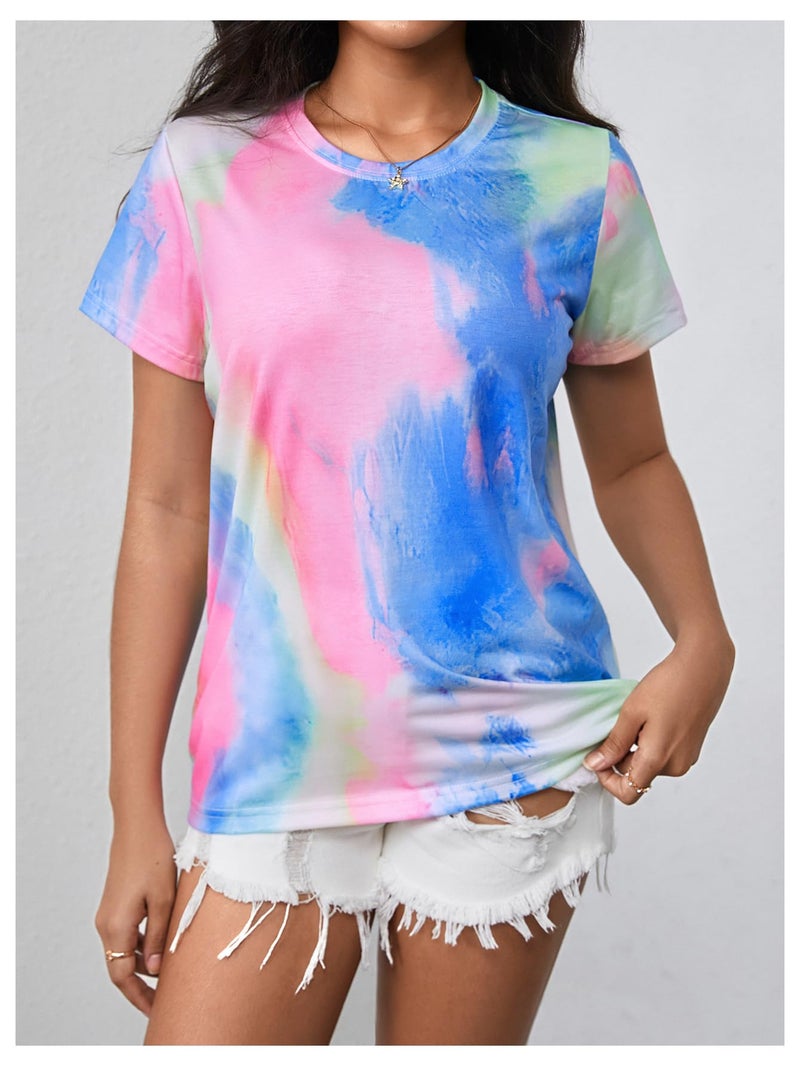 Verdusa Women's Short Sleeve Crewneck Tie Dye Tee Shirt Top Multicolor M - Image 3